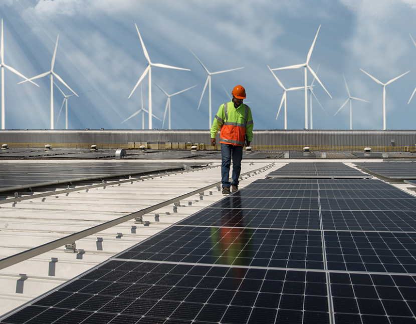 Inspector Engineer Man Holding Digital Tablet Working in Solar Panels Power Farm, Photovoltaic Cell Park, Green Energy Concept.