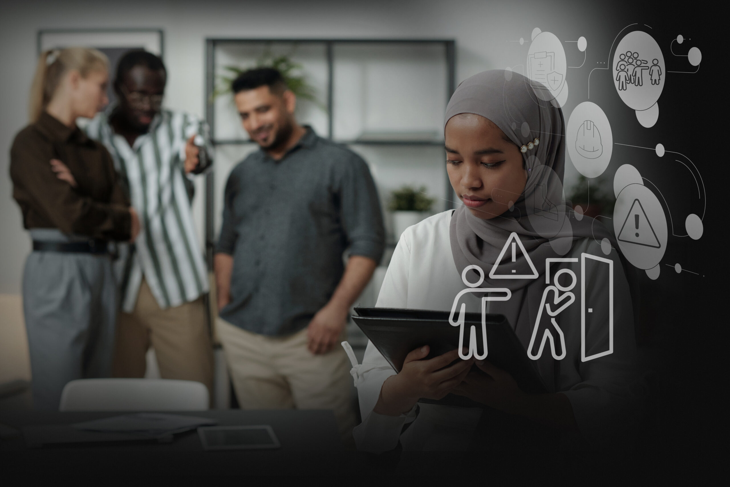 Woman wearing a hijab looks down at a tablet in a bright office, with subtle futuristic icons overlaid in the foreground.