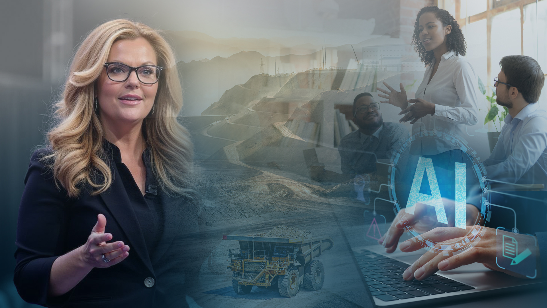 Professional woman in foreground with glasses presenting to a team, overlaid with AI and construction imagery indicating an engineering project.