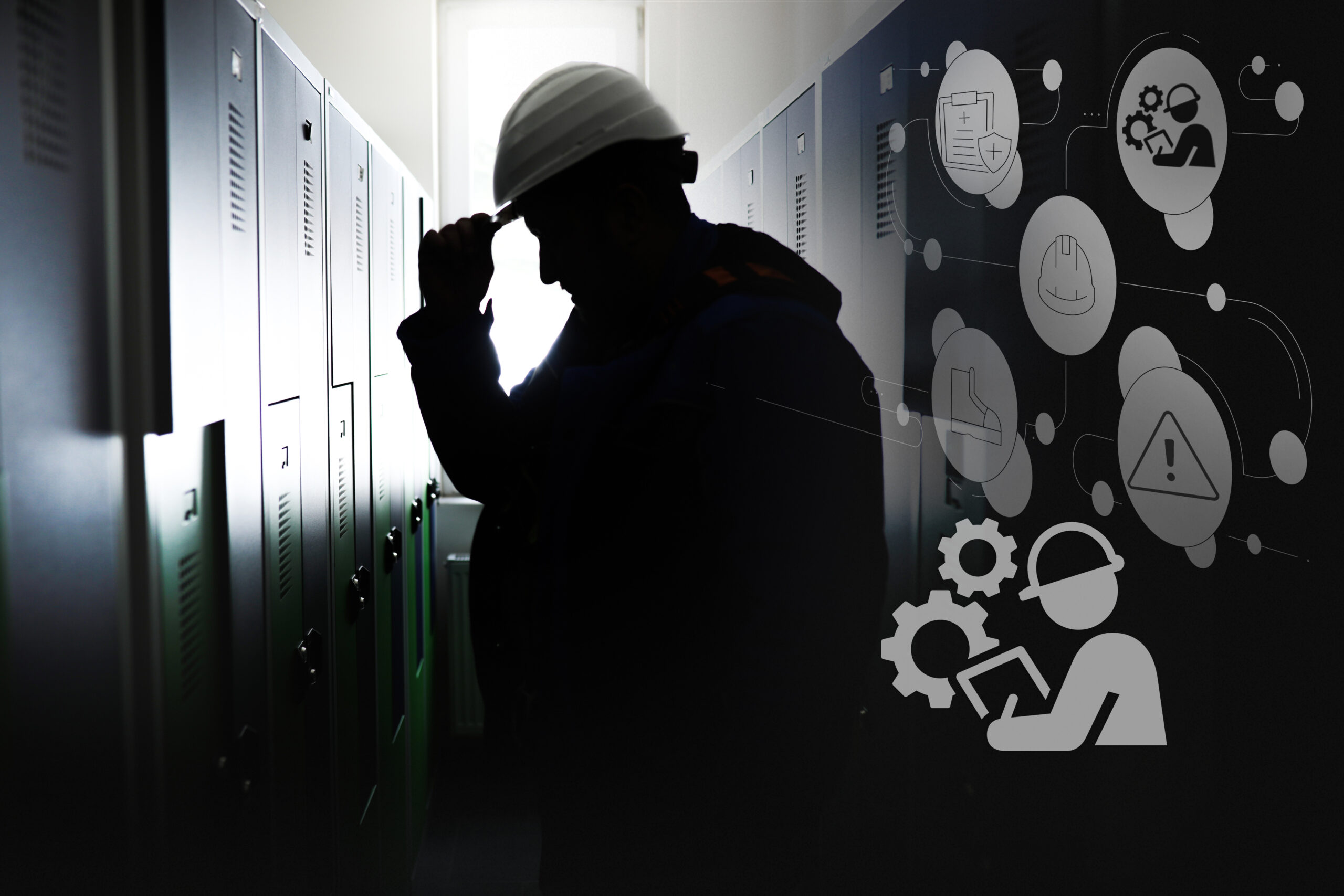 Silhouetted technician in a hard hat inspecting server racks in a data center, with abstract tech icons projected on the right wall.