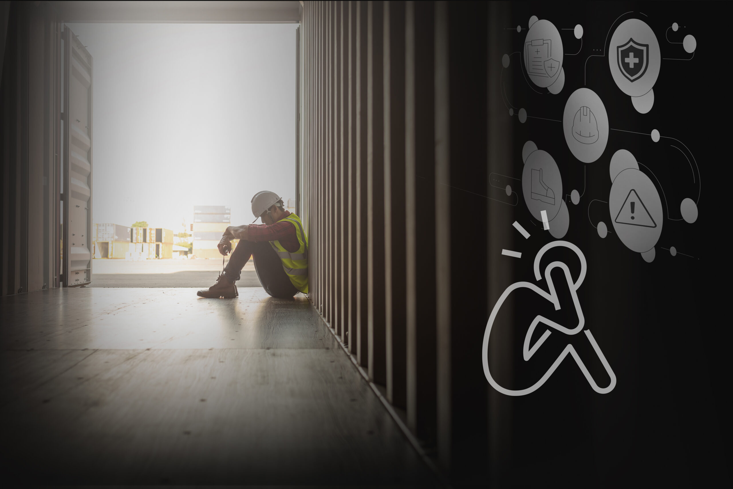 Construction worker in a hard hat and high-visibility vest sits on the ground at the open doorway of a shipping container in a yard.