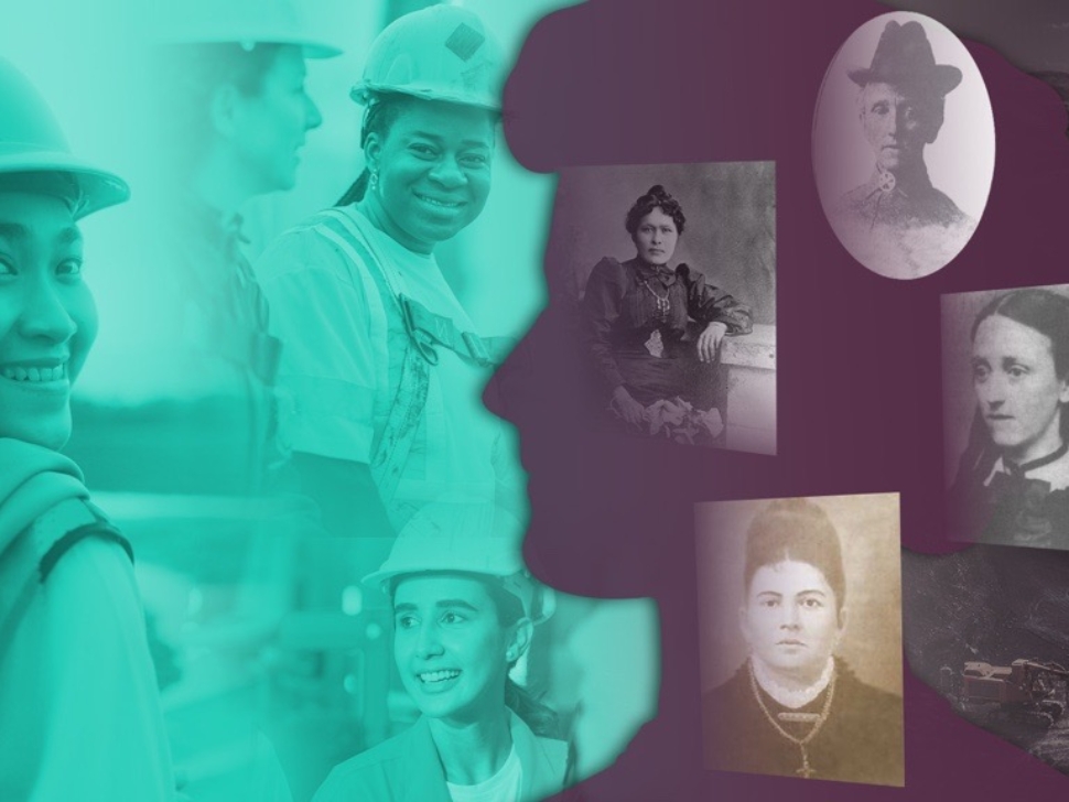 Image | TeamsynerG Global Consulting Modern women in hard hats on the left, with a purple silhouette on the right containing vintage portraits of women, representing women's history and contributions.