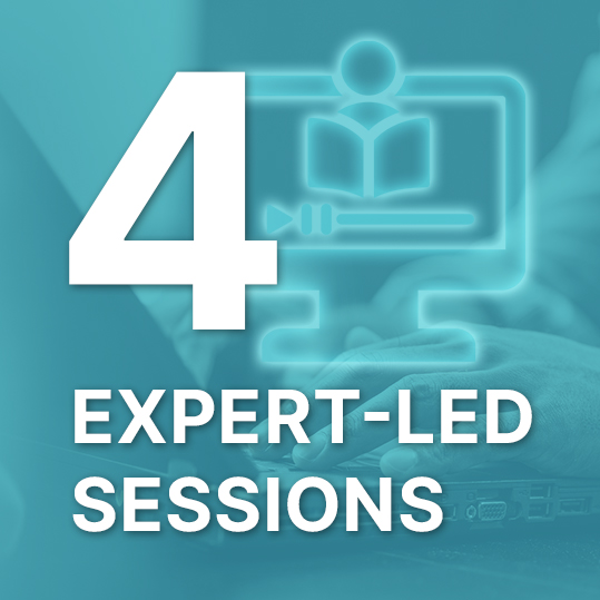 Promotional graphic reading '4 Expert-led Sessions' in bold white text over a teal background with a computer and book icon