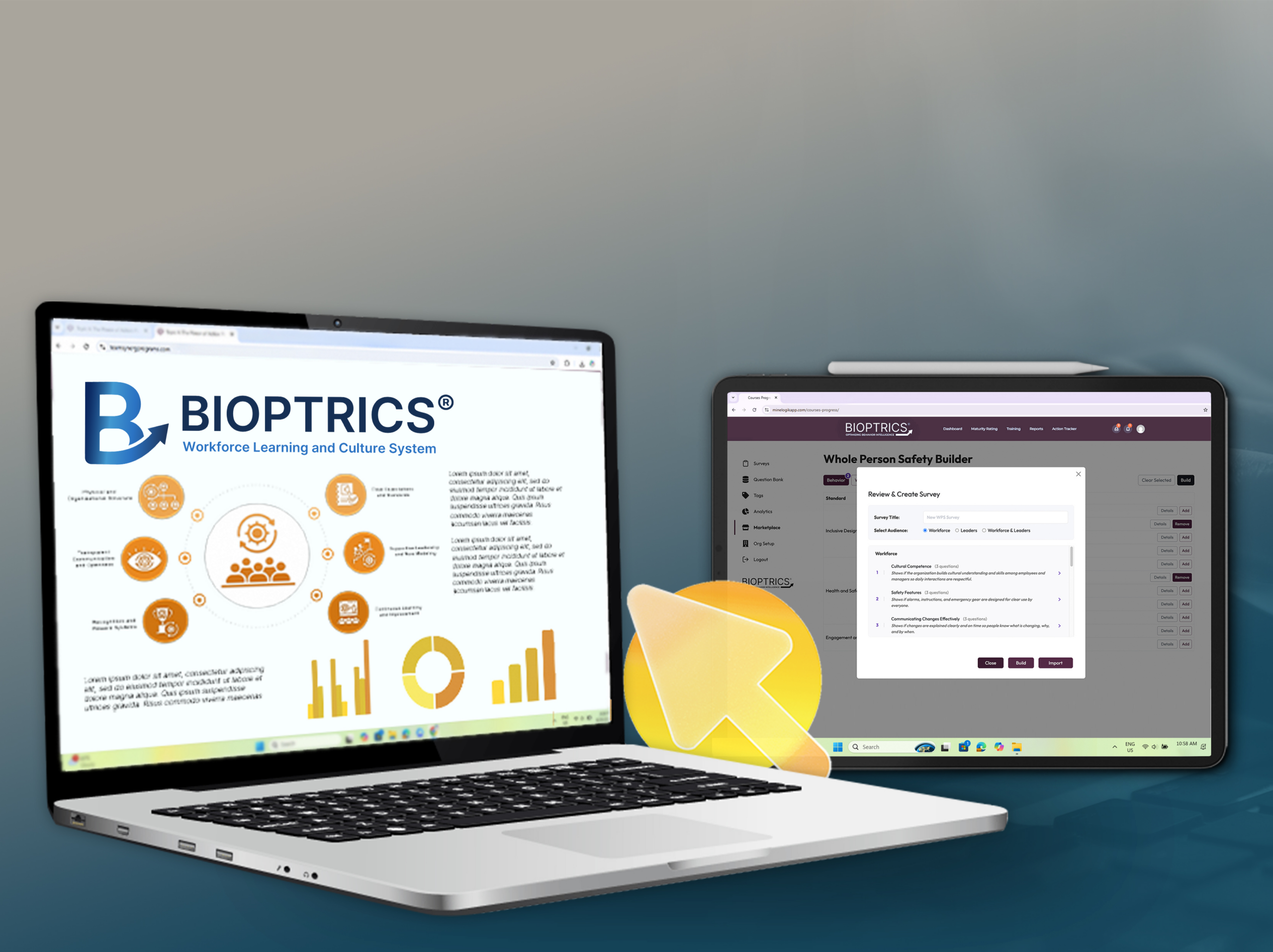Two laptops display dashboards; left screen shows BIOPTRICS infographic with orange icons, right screen shows a purple Bioptrics interface.
