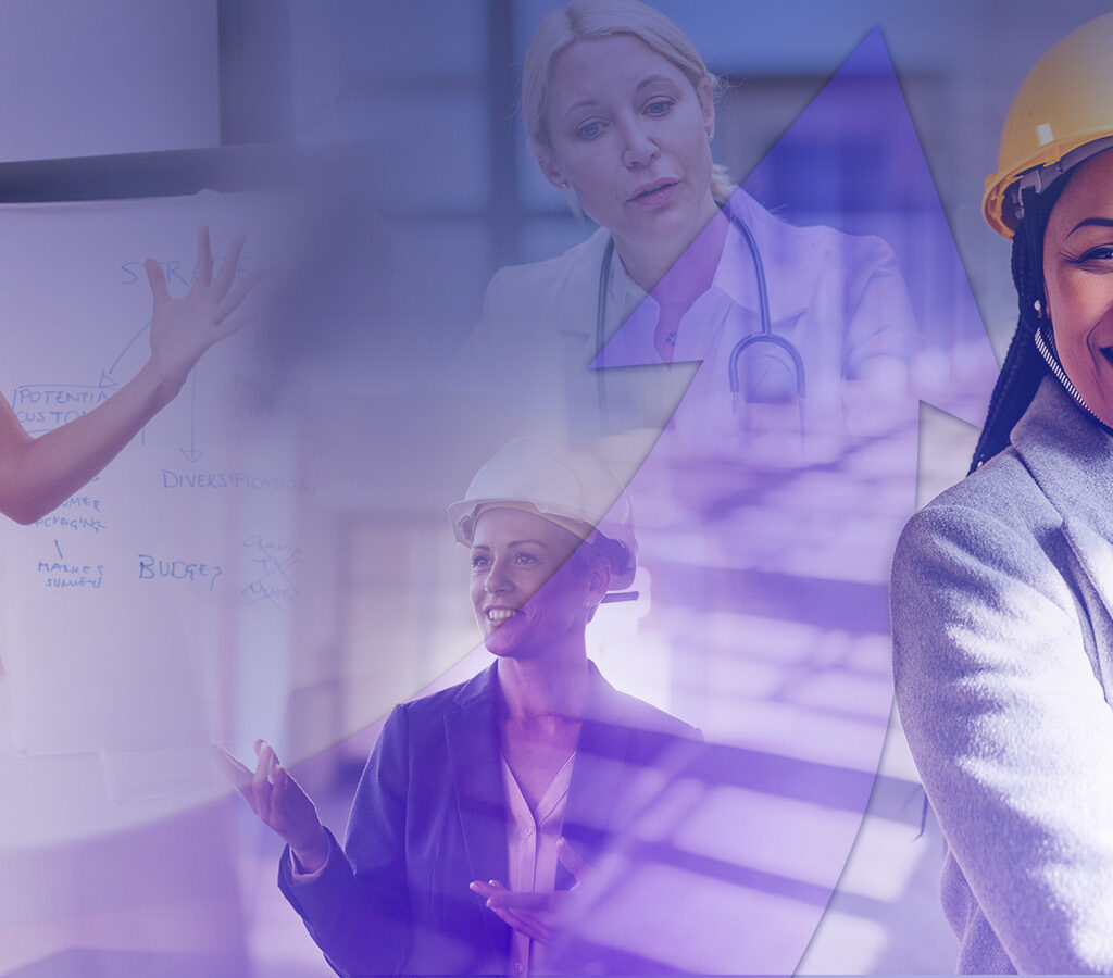 Diverse group of professional women in a modern workplace: a presenter at a whiteboard, a nurse/doctor, and an engineer in a hard hat.