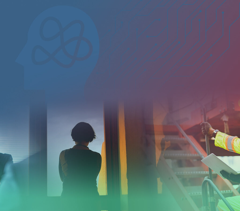 Business discussion on the left with a construction worker on-site to the right, overlaid by a blue circuit pattern and head silhouette.
