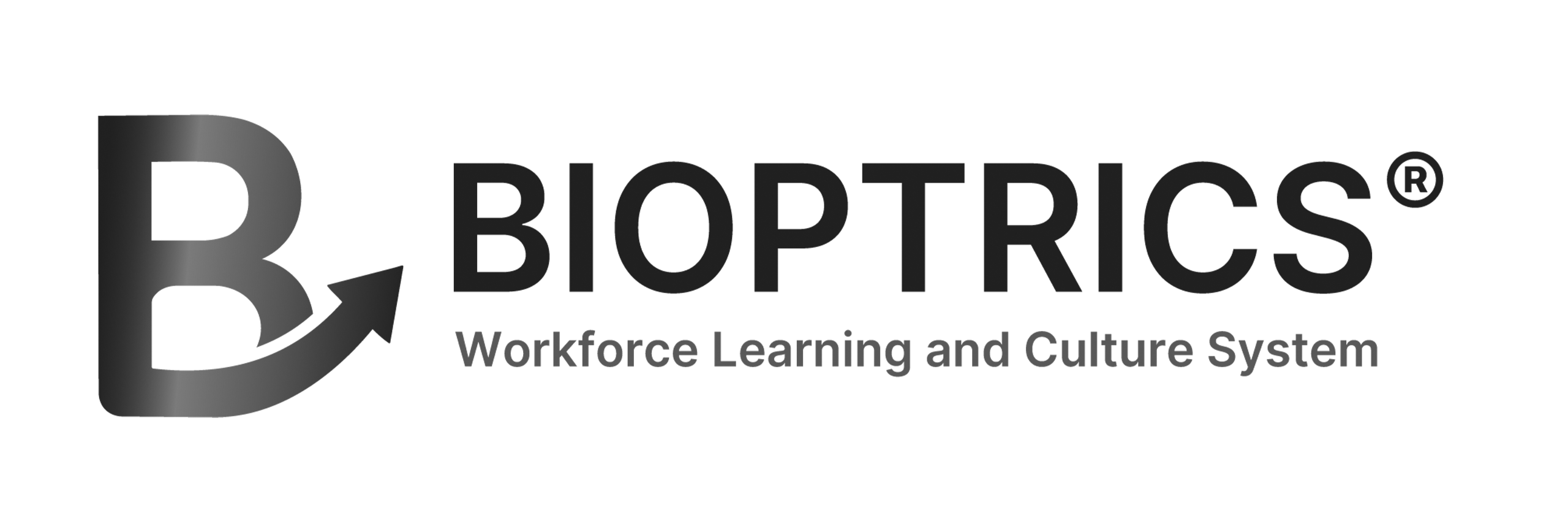 Bioptics logo: a dark gradient, stylized letter B with an arrow motif, followed by the word BIOPTRICS and the tagline 'Workforce Learning and Culture System' in a lighter gray.