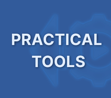 Blue banner with bold white text 'PRACTICAL TOOLS' and a faint gear outline in the background.