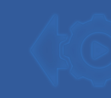 Blue abstract background featuring a glowing left-arrow and a gear with a play button inside.