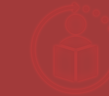 Red outline icon of a person with a cube inside a circular arrow, on a red background, suggesting a user/package/learning loop concept.