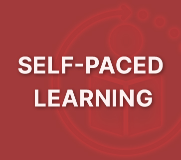 Self-paced learning banner on a red background conveying flexible study options.