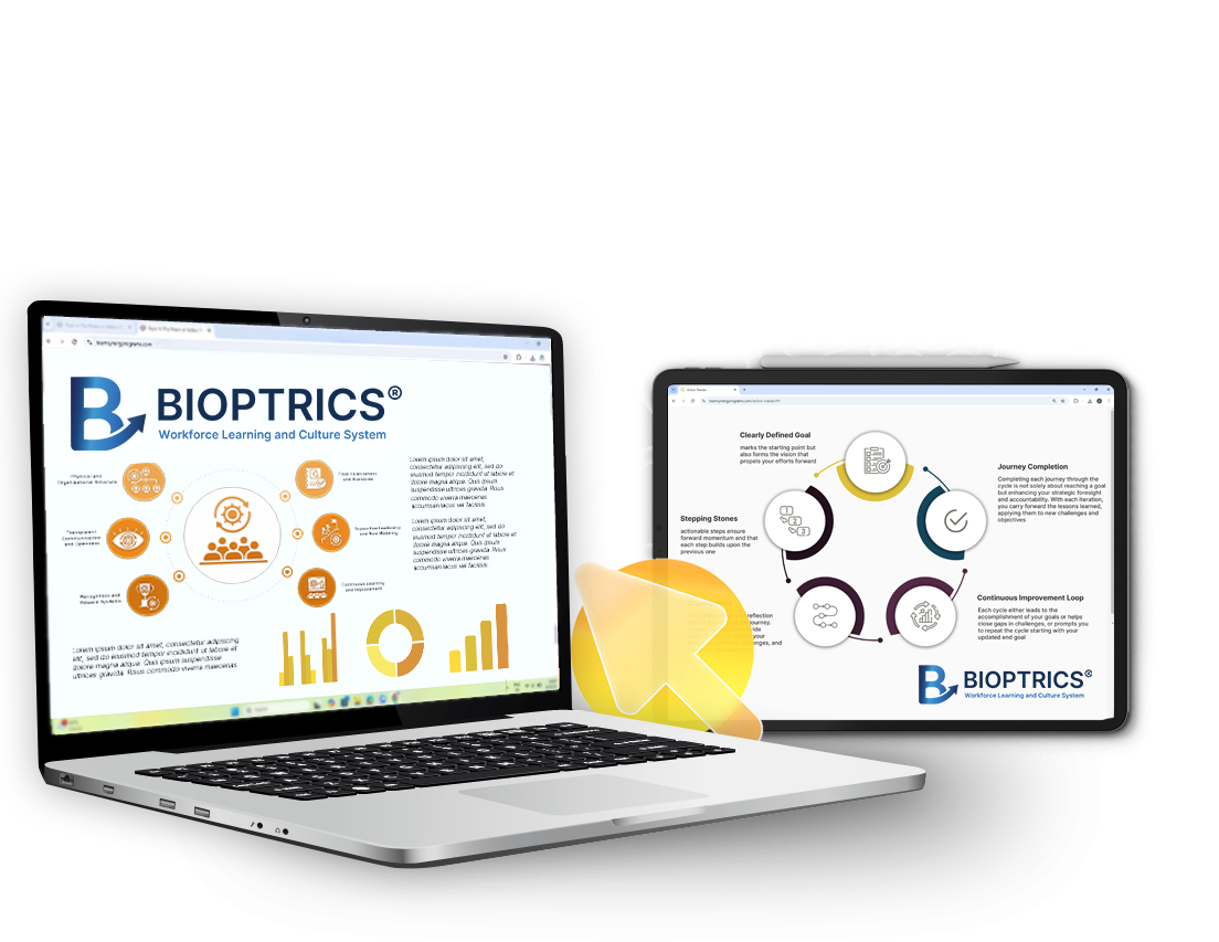 Laptop and tablet display Bioptrics branding with circular process diagrams and charts.
