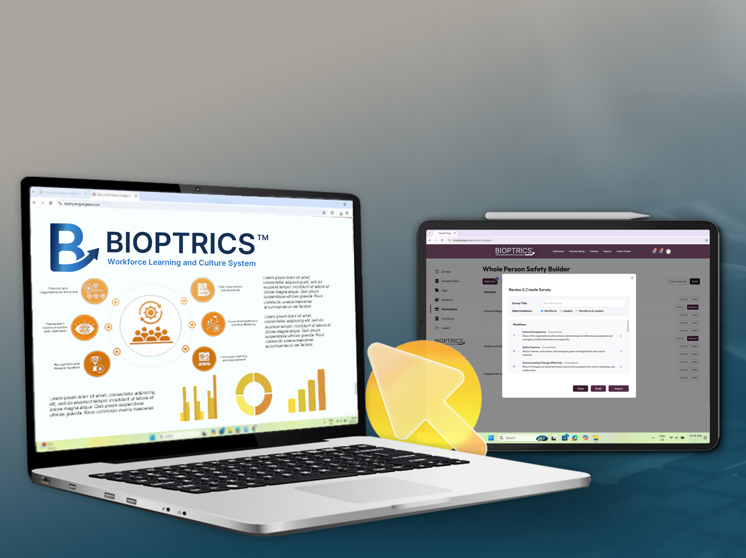 Two laptops on a blue gradient background showing BIOPTRICS branding on the left screen and a purple-themed dashboard on the right, with a white stylus resting above the right device.