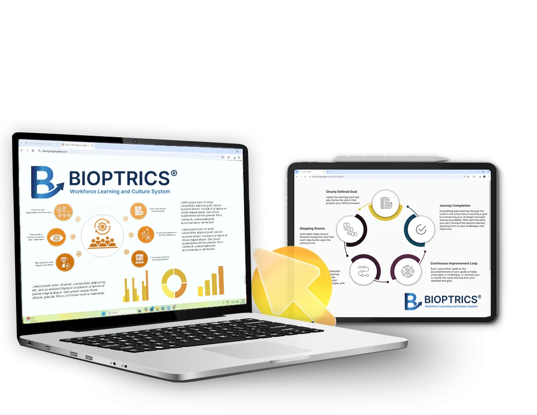 Laptop and tablet display Bioptrics branding with circular process diagrams and charts.