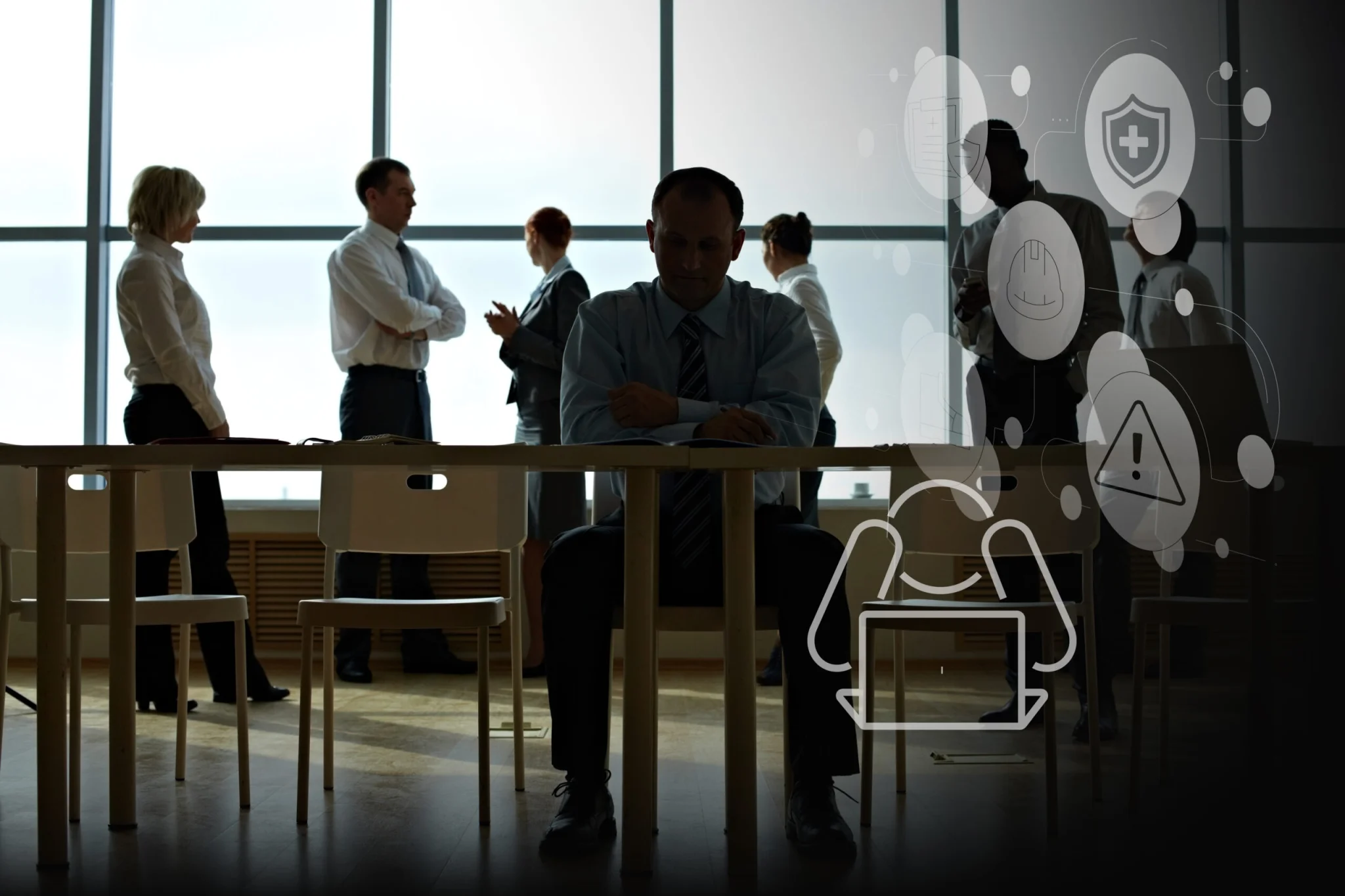 A group of professionals in a modern office, with one man seated at a table in the foreground and others chatting in the background, plus translucent security icons overlaid on the right side.