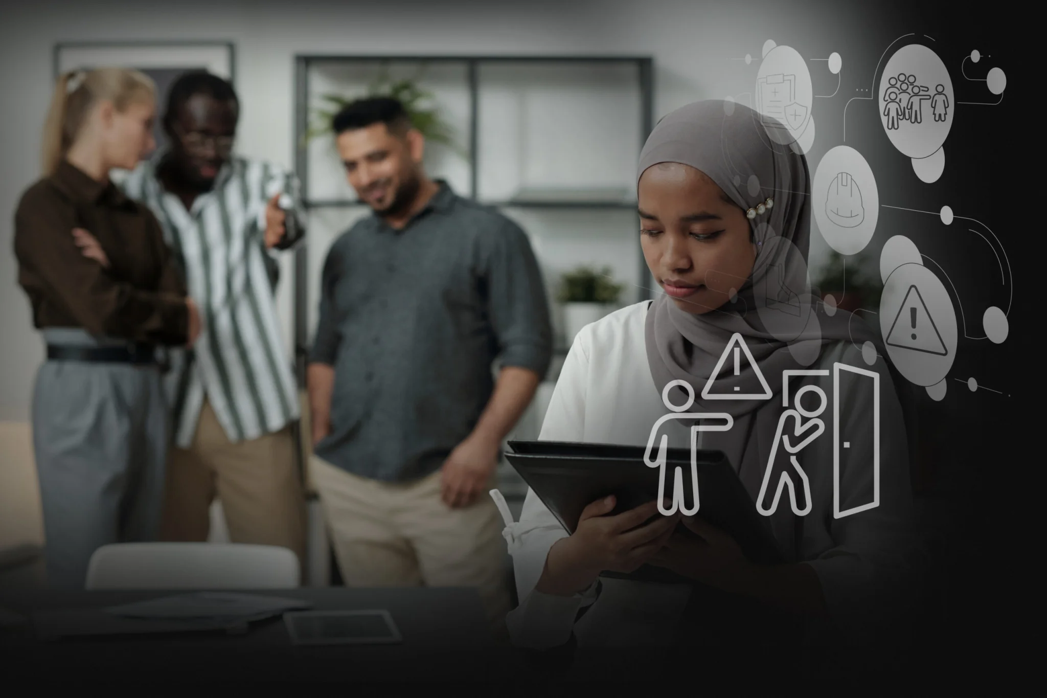 Woman wearing a hijab looks down at a tablet in a bright office, with subtle futuristic icons overlaid in the foreground.