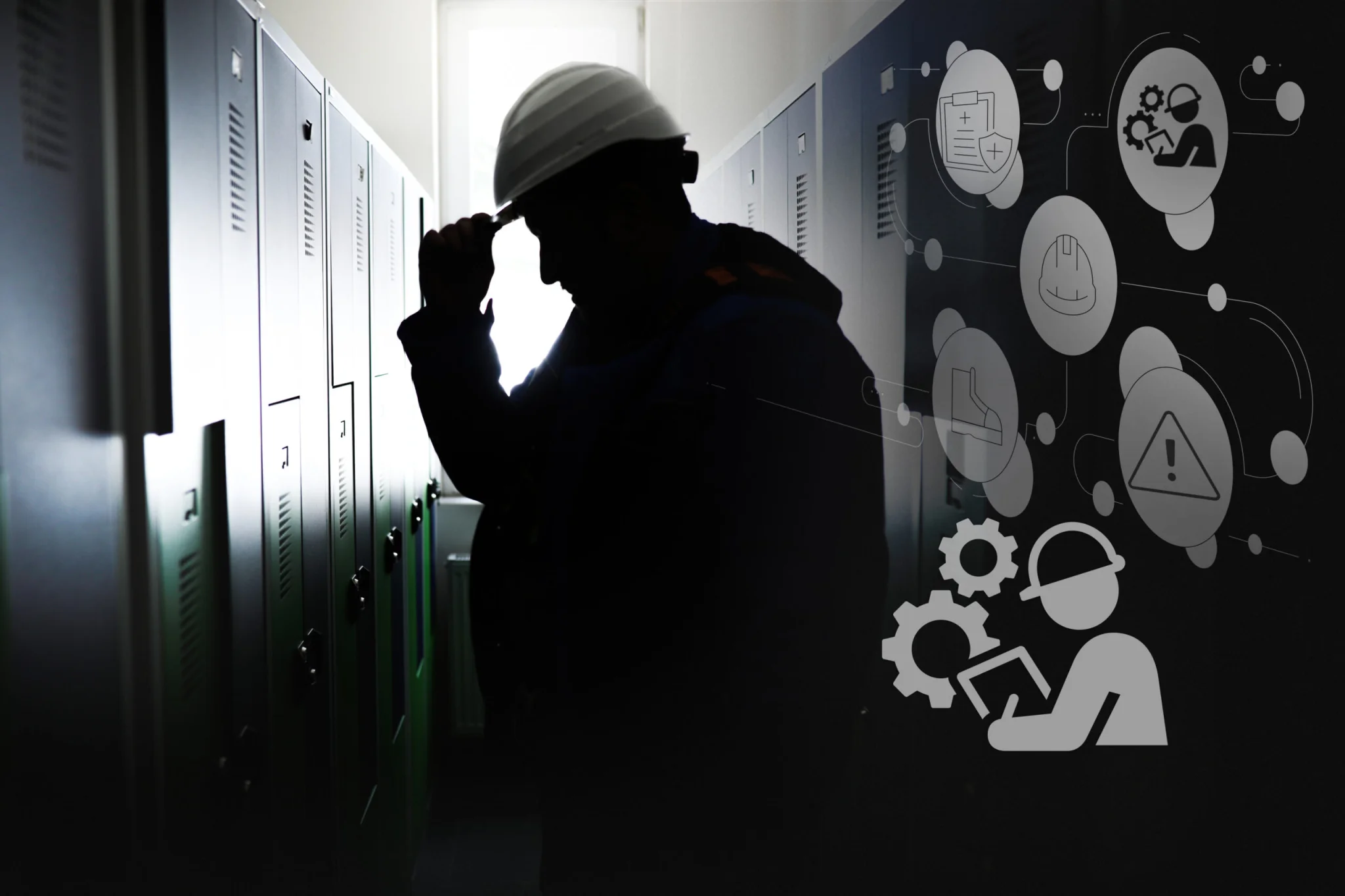Silhouetted technician in a hard hat inspecting server racks in a data center, with abstract tech icons projected on the right wall.