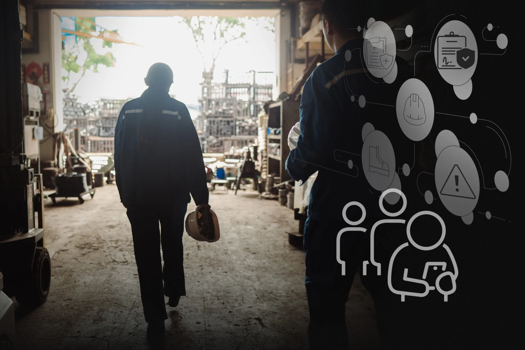 Two workers in a dim workshop walk toward a bright doorway; one holds a hard hat, with safety icons overlaid on the right side.