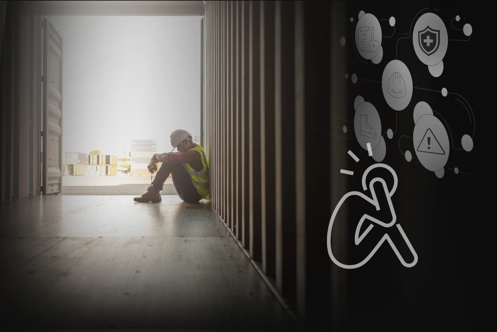 Construction worker in a hard hat and high-visibility vest sits on the ground at the open doorway of a shipping container in a yard.
