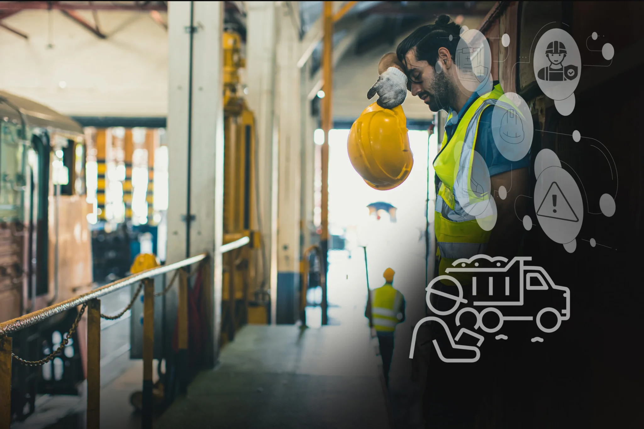 Industrial worker in a high-visibility vest holding a yellow hard hat, standing in a factory hallway.