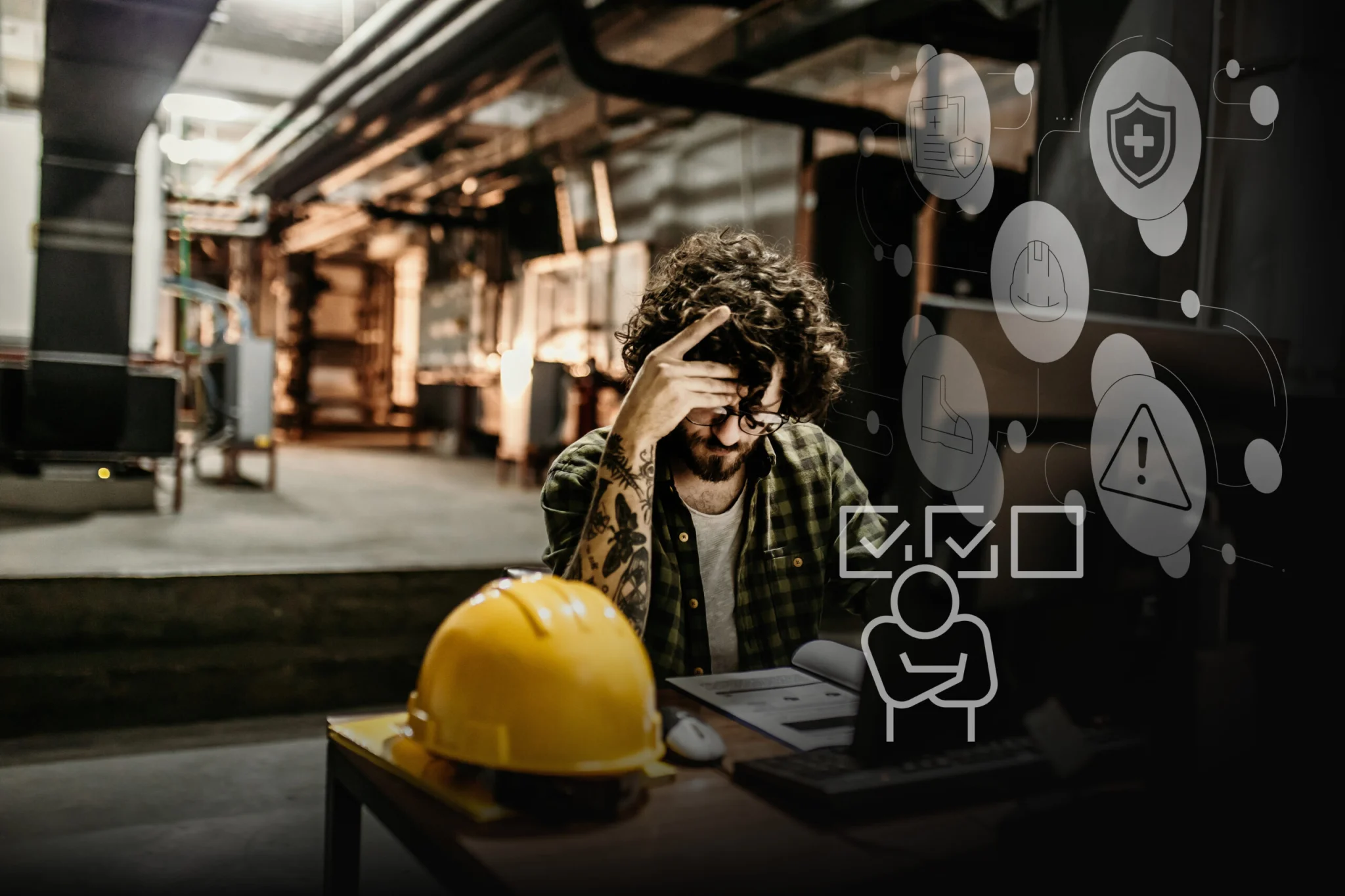 Man with tattoos sits at a workbench in an industrial workshop, head in hand, yellow hard hat on the table with documents nearby, and holographic safety icons projected on a glass panel to the right.