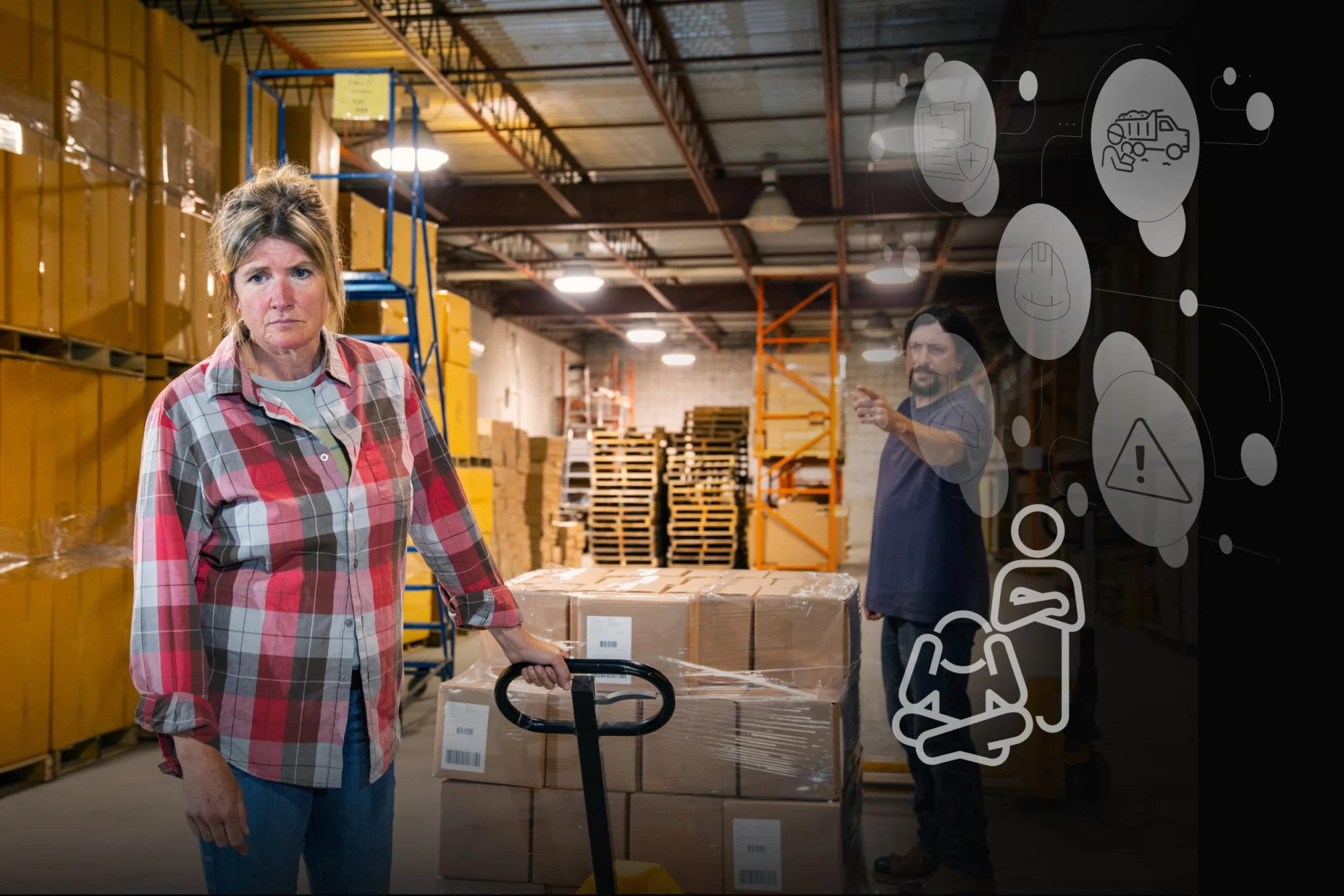 Warehouse worker in plaid shirt pushes a pallet jack among stacked boxes; another worker visible in the background.