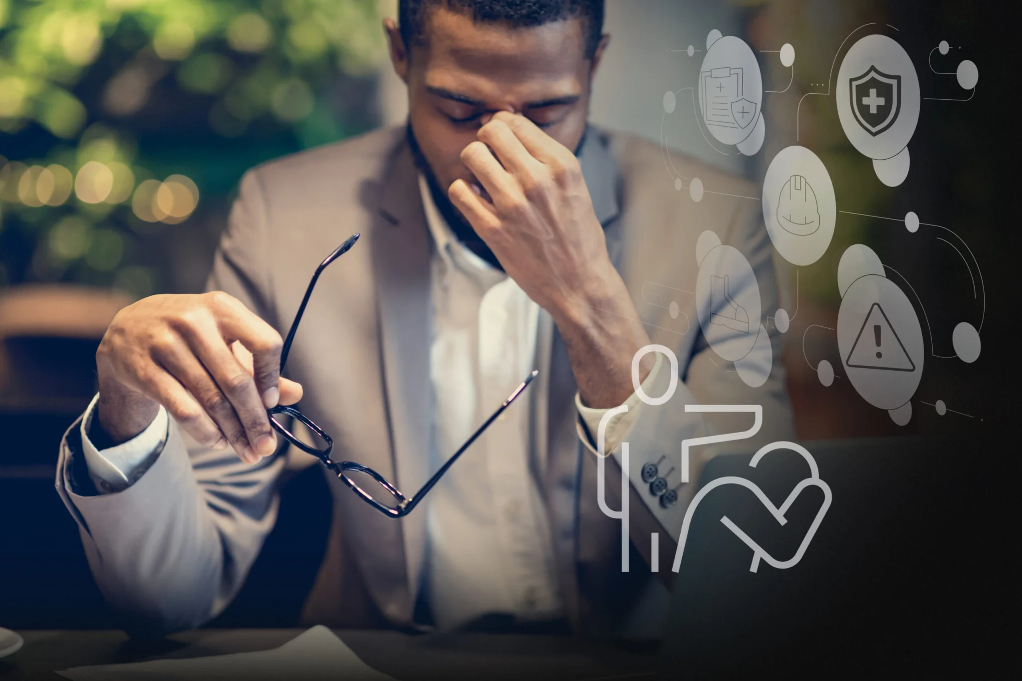 Man in a suit removes his glasses while looking down at a desk, with faint medical-technology icons overlaying the image.
